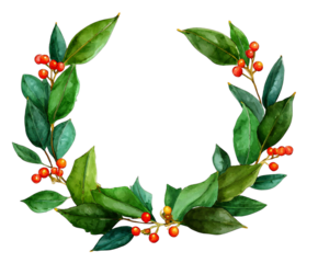 Elegant Watercolor Wreath of Bay Leaves and Red Berries