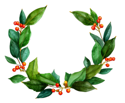 Elegant Watercolor Wreath of Bay Leaves and Red Berries