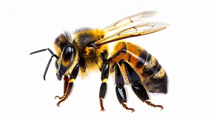 Close-up of honeybee on white background showing detailed anatomy including fuzzy thorax, transparent wings, striped abdomen, legs, antennae, and compound eyes.