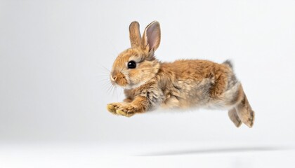 A light brown rabbit with white patches captured mid-leap against a plain light gray background, showcasing dynamic motion and agility in a minimalist, high-contrast composition.
