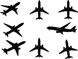 Airplane silhouette, jet plane vector, aviation aircraft icon, flying airplane, commercial airliner, passenger jet, black airplane design, travel clipart © Vector Sifat