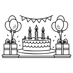 Handdrawn birthday celebration with cake, balloons, and gifts