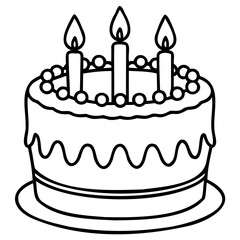 Black and white line drawing of birthday cake with three lit candles