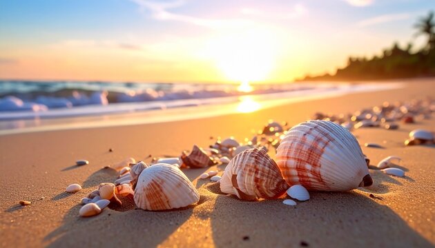 Seashells on sandy beach at sunset with golden light, gentle waves, and palm tree silhouettes in tranquil coastal scene. - Powered by Adobe