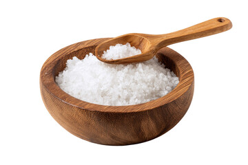 Wooden bowl of coarse white salt with wooden spoon