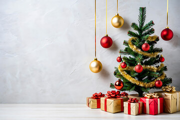 Festive Christmas Tree with Golden and Red Ornaments and Wrapped Gifts Presents on a Clean Gray Background