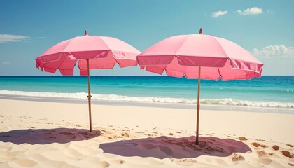 Two pink beach umbrellas on sandy shore with footprints and turquoise waves in serene coastal scene.