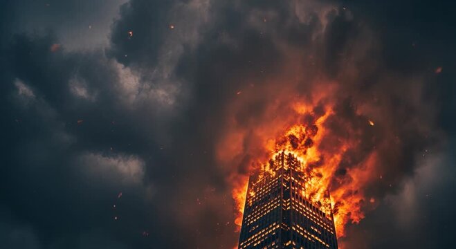 A tall building is consumed by intense bright orange flames and heavy dark smoke, illustrating a dramatic catastrophic urban fire event.