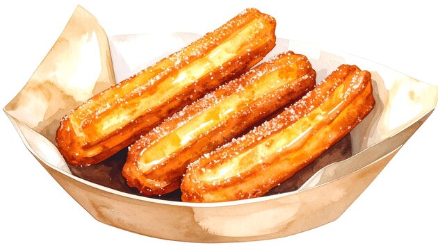 Watercolor churros in a paper container