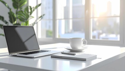 Modern Minimal Office Desk Setup with Laptop, Coffee, Notepad and Pen &ndash; Bright Daylight Stock Footage