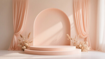 Pastel Pink Studio Product Display: Elegant Two-Tiered Podium with Sheer Curtains and Dried Floral Arrangements.
