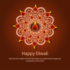 Happy Diwali Greeting Illustration with Rangoli Design and Glowing Oil Lamps