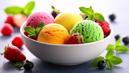 White bowl of colorful ice cream scoops with fresh berries and mint on wooden surface in sunny outdoor setting.