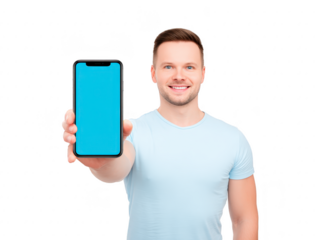 Smiling man holding smartphone with blank blue screen, wearing casual light blue t shirt, isolated on transparent background, presenting mobile device with cheerful expression for advertisement