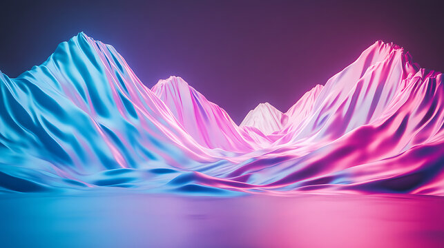 Abstract Neon Landscape with Reflective Water and Gradient Mountains