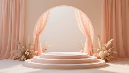 Serene Peach Studio Display: Three-Tiered Pedestal, Sheer Curtains, Dried Floral Arrangements, Soft Lighting
