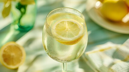 Glass of sparkling water with lemon slices on table outdoors, closeup