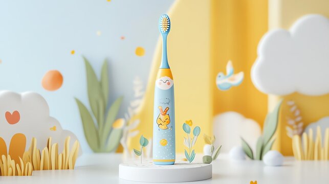 A mockup of a branded children s toothbrush on a white background