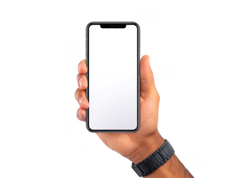 Hand smartphone blank screen isolated transparency background modern technology touch device communication Hand holding smartphone with blank screen isolated transparency background modern - Powered by Adobe