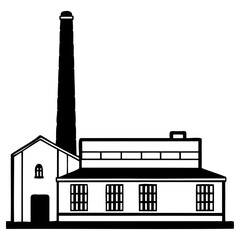 Black and white illustration of industrial factory building with tall chimney