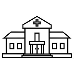 Black and white line drawing of hospital building