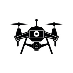 Stylized black and white icon of a flying drone with camera lens