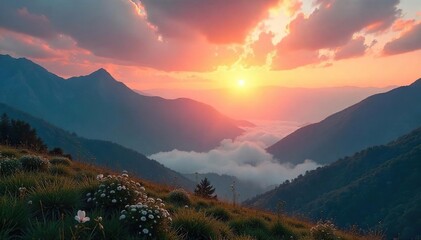 Serene landscape at dawn, misty mountains and rising sun, evokes a sense of peace and spiritual awakening Perfect for meditation, yoga, mindfulness, and wellness themes , wellness, zen, hope