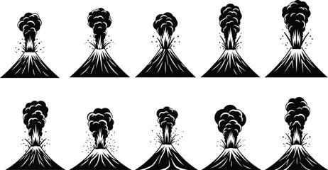 Volcano eruption vector, volcanic explosion icons, smoke and lava, natural disaster illustration, volcano smoke cloud, volcanic eruption, magma eruption vector, nature hazard, mountain eruption