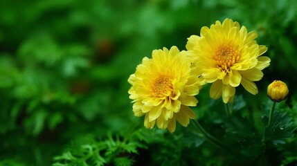 Two Vibrant Yellow Flowers and a Bud in Focus Against a Deep Green, Blurred Foliage Background