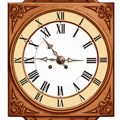 Antique square wooden grandfather clock face with Roman numerals and ornate hands time vintage