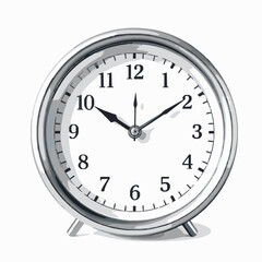 Round Silver Alarm Clock with Arabic Numerals and Shadow on White Background Keywords: alarm clock, silver, timepiece, time, analog, numbers, arabic numerals, dial, hands, hour