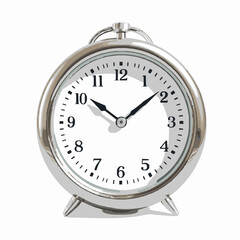 Shiny Silver Twin Bell Alarm Clock with Arabic Numerals and Shadow Keywords: alarm clock, silver, twin bell, timepiece, time, analog, numbers, arabic numerals, dial, hands, hour
