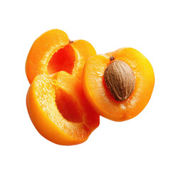 Close-up of three apricot halves, showcasing the vibrant orange-yellow flesh and a brown seed