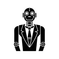 Black and white image of a robot wearing a suit and tie