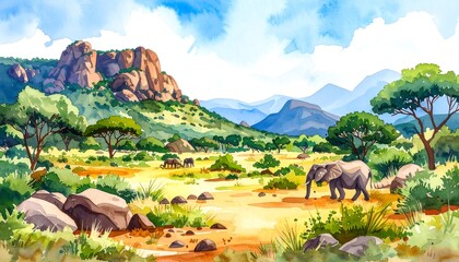 Watercolor illustration of an African savanna landscape. Large elephants grazing