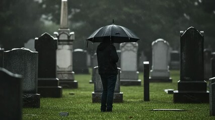 Person standing under black umbrella in graveyard on rainy day - Powered by Adobe