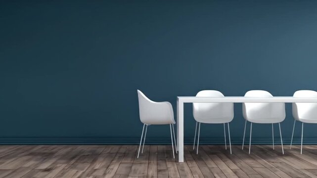 Modern dining room scene featuring a white table and chairs against a deep teal wall.