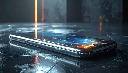 Sleek smartphone on dark textured surface reflecting vivid sunset light with glossy finish and rounded edges.