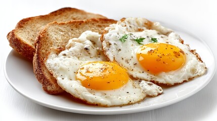 Two fried eggs with toast isolated on white background