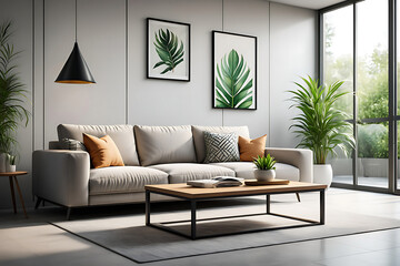 Fototapeta premium Modern living room interior design with comfortable sofa green plants and minimalist decor showcasing tranquil and inviting atmosphere