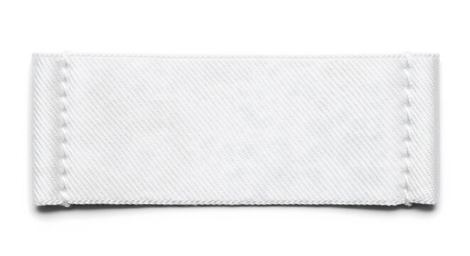 Blank white rectangular clothing tag or fabric label with stitched edges, isolated on a white background. Perfect for mockup and branding.