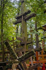 Wooden crosses left by pilgrims on the holy mountain of the Orthodox, Mount Garbarka in eastern Poland. Grabarka, Poland.