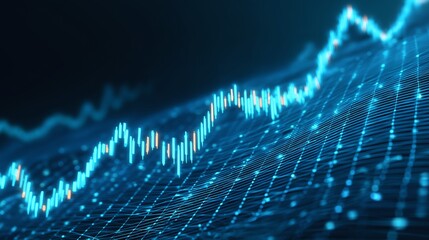 Abstract blue glowing line graph showing upward trend over a digital network grid