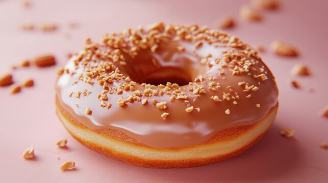 Delicious glazed donut sprinkled with nuts