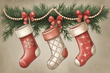 A Trio of Exquisite Vintage Christmas Stockings Adorned with Festive Bows and Garland