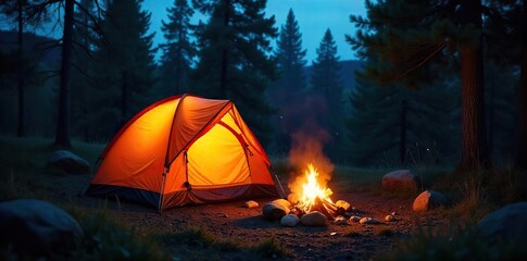 Cozy camping scene at night, warm firelight illuminating a tent and surrounding woodland Perfect for representing warmth, comfort, and the outdoors during cooler months , nature, sky, forest