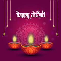 Happy Diwali Greeting Illustration with Glowing Diyas and Mandala Background