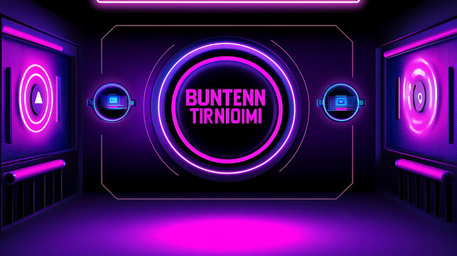 Neon-lit futuristic room with glowing text 'BUNTENN TIRNIOIMI' in a circular display