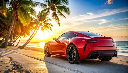 Red sports car on a tropical beach at sunset