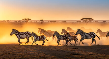 Herd of Zebras Running Across the African Savanna at Sunset Dust Kicking Up.
